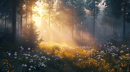 Magical forest meadow filled with radiant blossoms high resolution picture