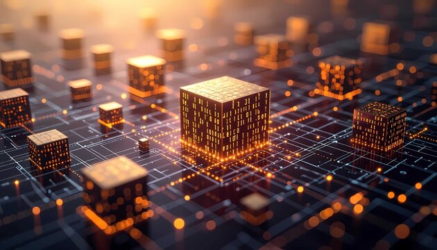 Futuristic digital network connection, processing secure global blockchain data computing system