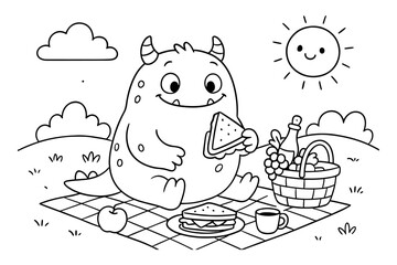 Cute Monster Enjoying a Picnic Lunch with Sandwiches and Fruit on a Sunny Day