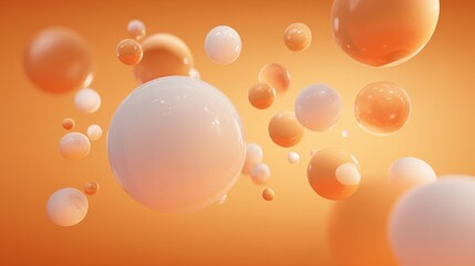 Bright, colorful spheres of various sizes float across a warm orange background. The soft lighting enhances the playful ambiance, inviting viewers to explore the visual depth and texture.