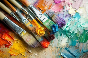 Fototapeta premium Close-up of paintbrushes with colorful paint on a palette.