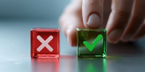 The green check cube being selected beside a red cross cube symbolizing decision and approval