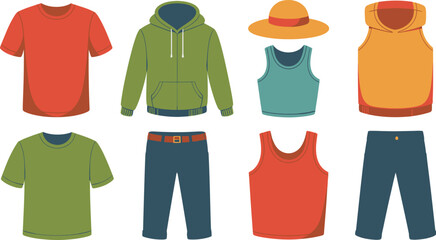 Clothing Assortment TShirts, Hoodies, Tank Tops, Pants, and Hat on White Background