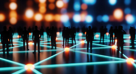 Silhouetted figures stand on a network of glowing blue lines and orange dots in this abstract digital landscape, symbolizing connection and communication.