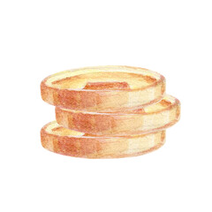 Watercolor illustration of a pile of golden coins with square holes, symbolizing wealth and prosperity on white background. Perfect for use in financial, Chinese New Year, or good luck-themed designs