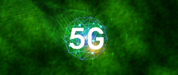 5G network concept for background, holographic digital globe with interconnected 5G symbols, 5G technology in modern business and communication, digital transformation.