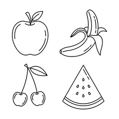 Illustrative fruit icons set apple, banana, cherries, and watermelon, perfect for design assets, print projects, and food-related branding