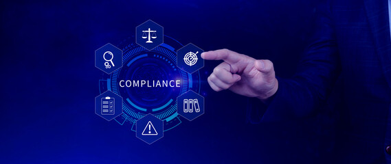 Compliance. Compliance concept with icons and text. Regulations, law, standards, requirements, Rule, audit diagram on virtual screen, Business internet technology