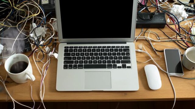 Top down view of cluttered messy desk with silver laptop computer steaming coffee and tangled wires zooming in