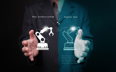 Digital twins technology concept. A robotic arm with its virtual twin model, AI generated counterpart with real time data for simulation, integration, analysis, testing, monitoring, maintenance.