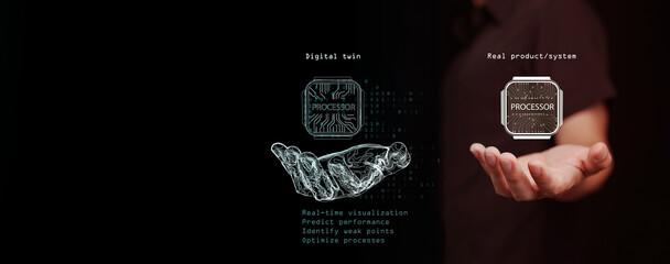 Digital twins technology. Hand holds processor chip and its virtual replica twin model, AI generated counterpart with live data for simulation, integration, analysis, testing, monitoring, maintenance.
