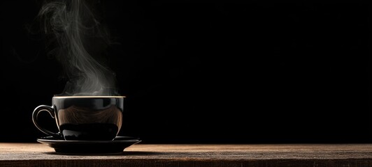 The coffee cup on saucer with rising steam on rustic wooden surface