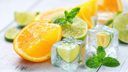 Sliced oranges and limes are arranged on a wooden surface, accompanied by ice cubes and fresh mint leaves. This scene is ideal for refreshing summer beverages.
