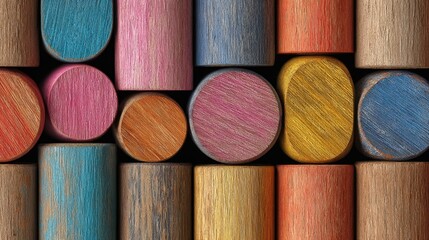 A variety of wooden cylinders in bright colors are neatly arranged in a visually appealing pattern. The rich textures and hues create an artistic and playful atmosphere.