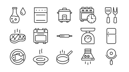 Cooking Line Icon Set. Chef, stove, pan, pot, utensils, knife, cutting board, ingredients, recipe, kitchen, baking, frying, meal, culinary, icons vector illustration. Pixel-perfect stroke