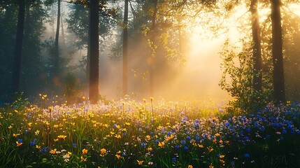 Peaceful woodland blooming with colorful morning wildflowers high resolution picture