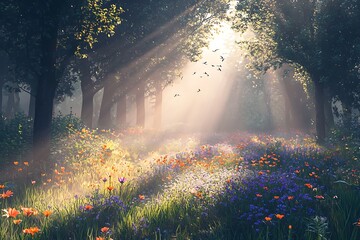 Peaceful woodland path filled with vibrant flowers high resolution picture