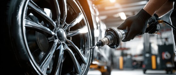 Fototapeta premium The Car Wheel Being Repaired by Mechanic Using an Impact Drill in Auto Garage