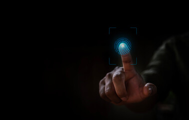 Biometric Fingerprint Authentication Technology, A close-up image of a hand reaching forward to scan a glowing digital fingerprint, symbolizing biometric security, identity verification.