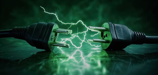 The Plug Connection Producing Green Electric Sparks Over Reflective Dark Surface