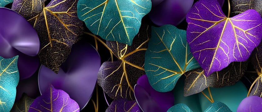 Vibrant Close-up of Colorful Leaves with Detailed Veins on Dark Background