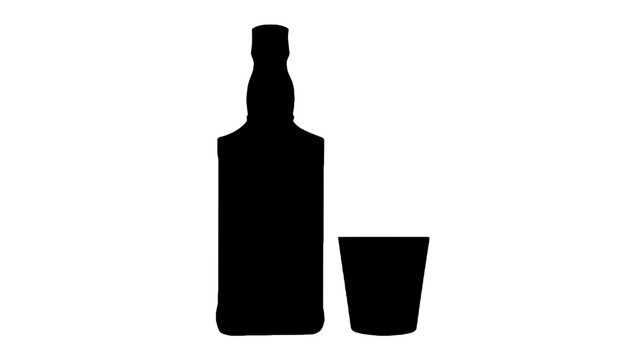 A silhouette of a whiskey bottle and glass stands against a white background.