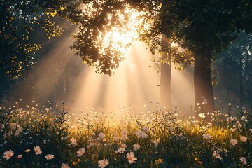 Sunlit forest clearing blooming with colorful wildflowers high resolution picture