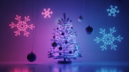 Glowing Purple Christmas Tree with Sparkling Lights and Snowflake Decorations in Dark Festive Background
