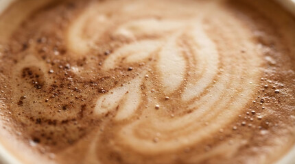 Close up of frothy coffee with latte art and cocoa powder cappuccino hot drink