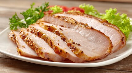 Succulent slices of grilled chicken are arranged neatly on a white plate, surrounded by vibrant leafy greens and fresh tomatoes, showcasing a flavorful meal ready to be enjoyed.