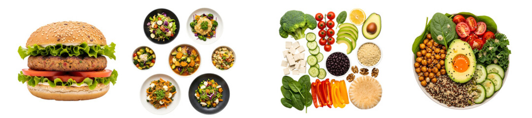 An assortment of healthy food options including a burger, salads, and a grain bowl on a plane surface on transparent background