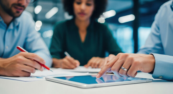 Close-up of a diverse business team collaborating with a tablet on a white desk, paperwork, and bright office setting. Men pointing on screen, woman taking notes. - Powered by Adobe