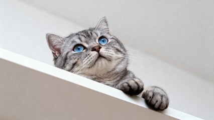 A gray tabby cat with blue eyes peeking over a white ledge, looking upward.