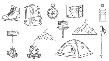 Obraz premium A collection of thirteen black outline vector icons depicting hiking and camping equipment and natural elements, arranged informally on a white background.