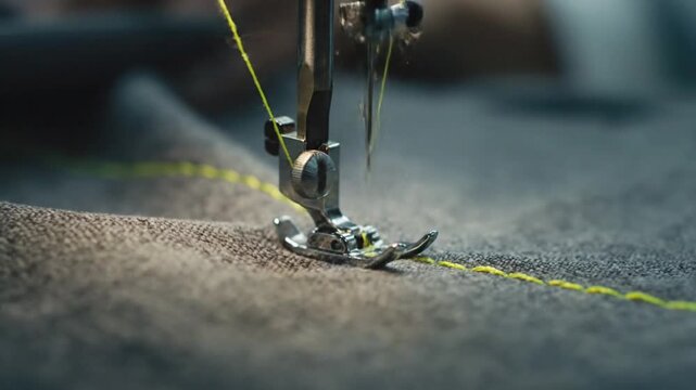 Close-up view of a sewing machine needle and presser foot stitching yellow thread onto grey fabric.