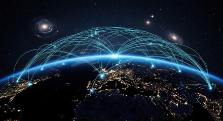 Earth globe with glowing network connections shown on dark background. Digital network connections create a global telecommunication around planet. Data transfer concept. 