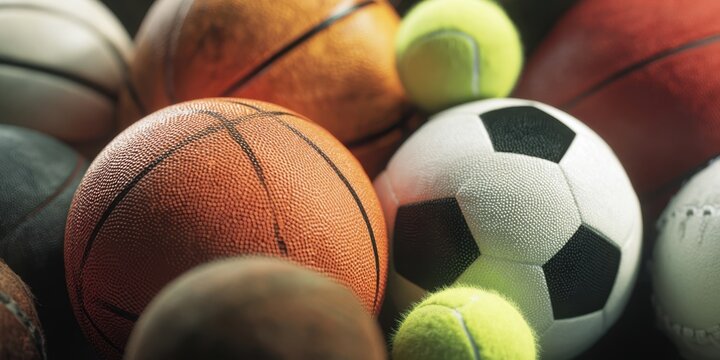 The basketball surrounded by a variety of sports balls in close-up arrangement - Powered by Adobe