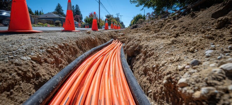 The Orange Fiber Cables Laid in Trench Along Residential Street Under Clear Sky
