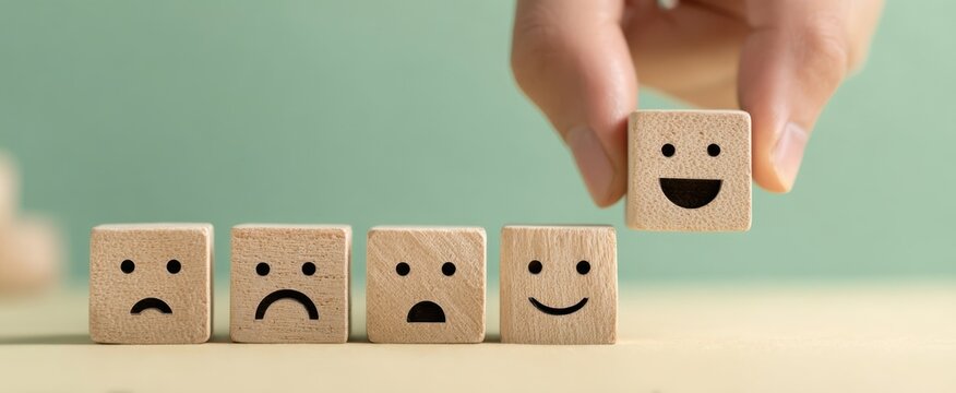 The wooden blocks showing emotion progression from sadness to happiness with hand