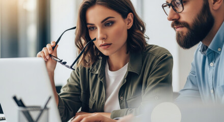 A young business woman in an olive shirt holds glasses while she and a man in a blue shirt analyze a laptop screen in a bright office environment.
