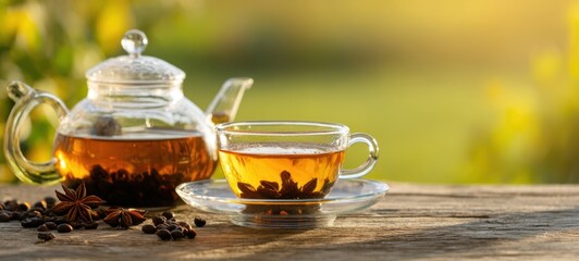 The Tea Cup and Teapot on a Rustic Wooden Table at Golden Sunset