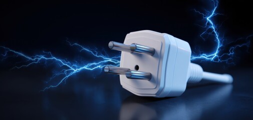 The electrical plug emitting blue lightning on a reflective dark surface, energy concept