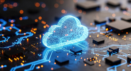 Digital cloud computing icon brightly glows on a dark circuit board with orange highlights emphasizing a modern technological theme, emphasizing network and data concept.