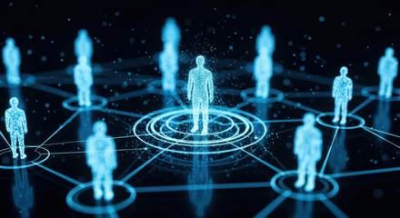 Abstract glowing blue network of human figures connected against a dark background with a bokeh effect, symbolizing digital communication and technology.