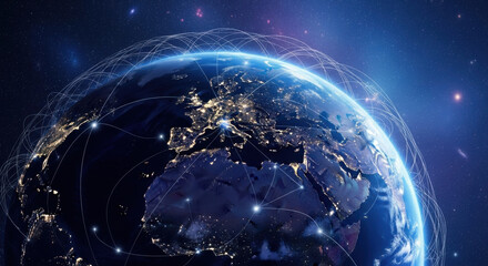 View of the glowing earth planet with city lights from space, the connectivity network surround it. Africa, Europe and Asia continents are visible on a dark starry background
