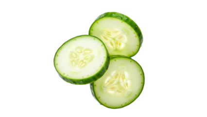 Three refreshing cucumber slices displaying crisp texture and inner seed structure on a stark white canvas inviting healthy indulgence