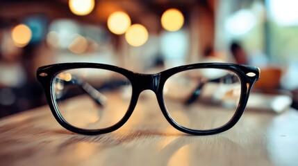 Classic black optical frames rest upon a wooden surface with a warmly lit background