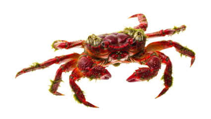 Detailed close-up showcasing a vibrant red crab adorned with algae against a stark white background unveiling nature's intricate design