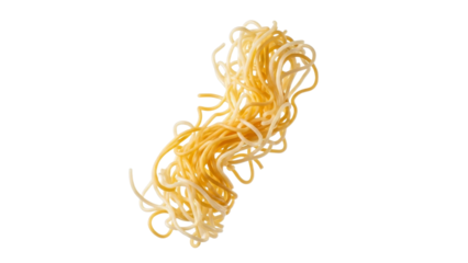 Artistic arrangement of cooked spaghetti against a stark white background ready for gastronomic delights for italian pasta