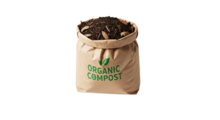 Bag of organic compost displayed on a white backdrop ready for use in sustainable gardening and eco-friendly landscaping projects